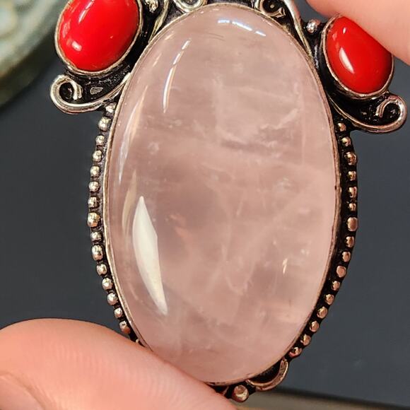 Rose Quartz & Pearl Sterling Silver Pendant Necklace with Red Jasper - Picture 9 of 12